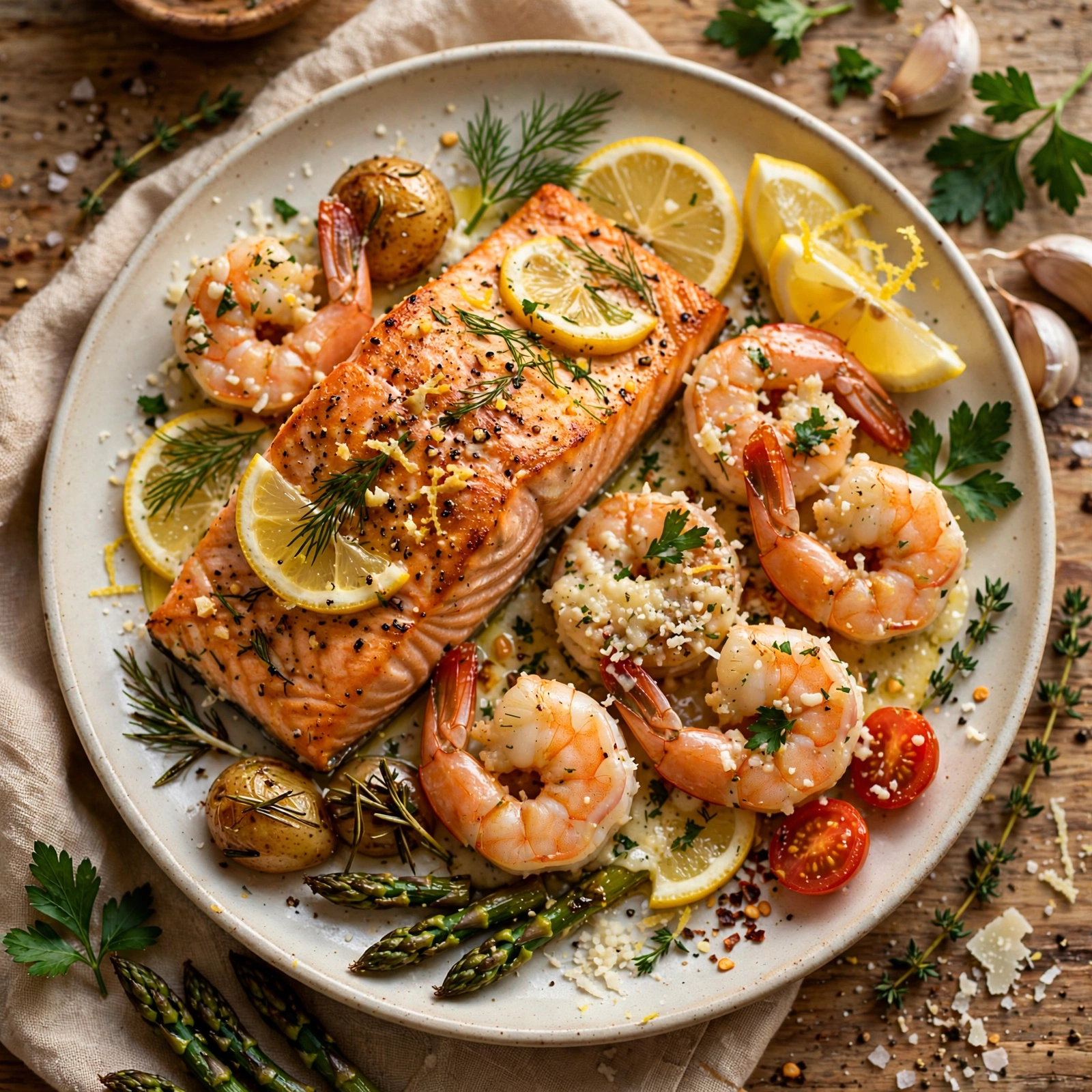 Baked Salmon with Lemon Parmesan Shrimp