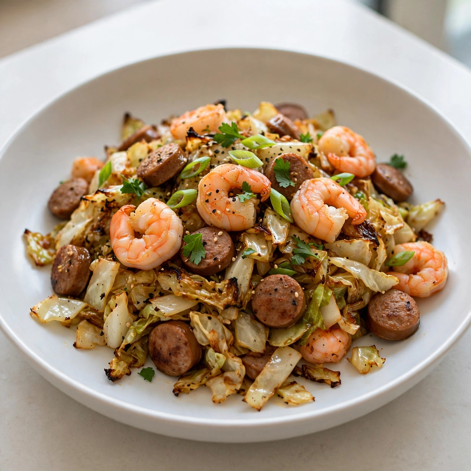Fried Cabbage with Shrimp and Sausage